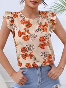 SHEIN LUNE Floral Print Ruffle Trim Blouse - Apricot - View 3