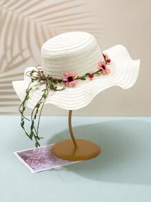 Flower Decor Straw Hat - Beige - View 1