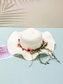 Flower Decor Straw Hat - Beige - View 2