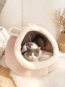 1入組粉色耳朵形可拆卸可水洗半閉式絨面貓床,適合小型和中型貓睡覺 - 粉色 - 查看 2