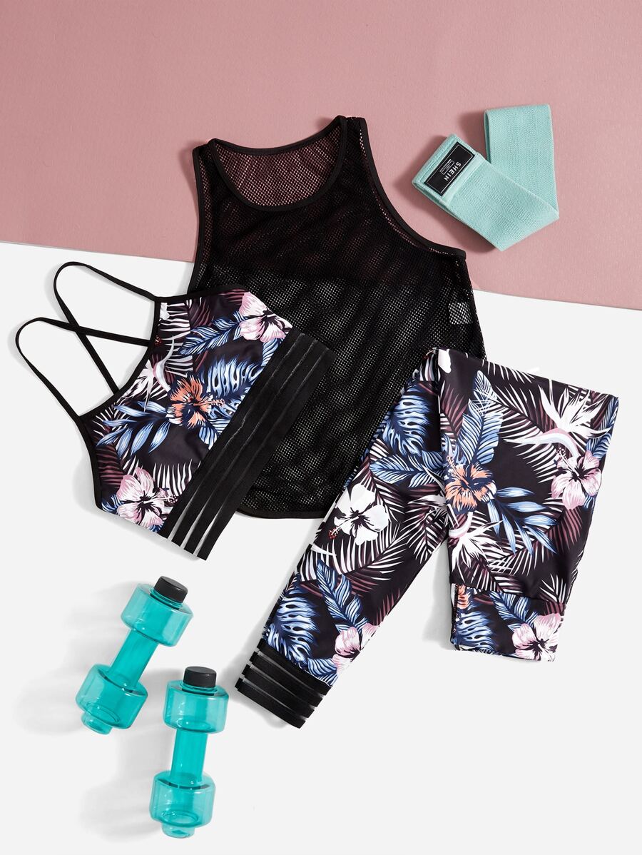 Yoga Trendy 3入組柔軟熱帶圖案日常套裝休閒套裝網紗上衣後背十字交叉文胸和緊身打底褲 - 彩色 - 查看 1