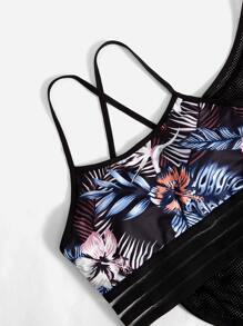 Yoga Trendy 3入組柔軟熱帶圖案日常套裝休閒套裝網紗上衣後背十字交叉文胸和緊身打底褲 - 彩色 - 查看 5