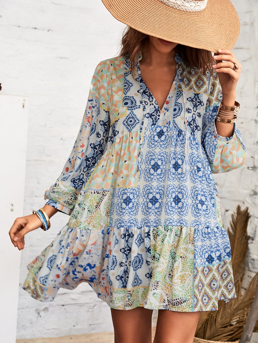 SHEIN VCAY Patchwork & Floral Print Notch Neck Ruffle Hem Dress - Multicolor - View 1