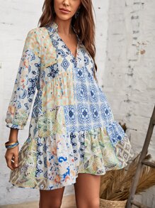 SHEIN VCAY Patchwork & Floral Print Notch Neck Ruffle Hem Dress - Multicolor - View 3