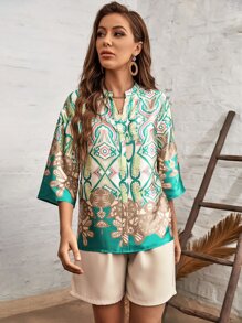 Aveloria Geo Print Notch Neck Blouse - Multicolor - View 6