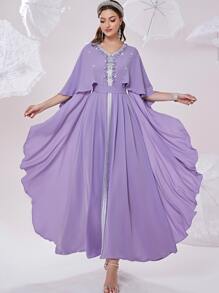Al Najma Rhinestone Contrast Tape Belted Kaftan - Violet Purple - View 1