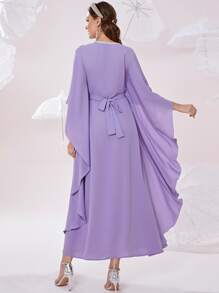 Al Najma Rhinestone Contrast Tape Belted Kaftan - Violet Purple - View 2