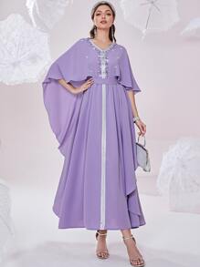 Al Najma Rhinestone Contrast Tape Belted Kaftan - Violet Purple - View 3