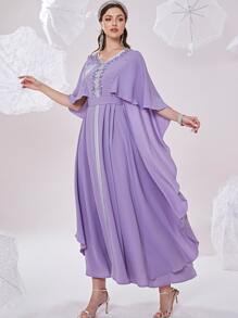 Al Najma Rhinestone Contrast Tape Belted Kaftan - Violet Purple - View 4