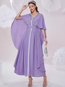 Al Najma Rhinestone Contrast Tape Belted Kaftan - Violet Purple - View 5