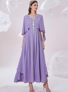 Al Najma Rhinestone Contrast Tape Belted Kaftan - Violet Purple - View 6