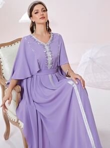 Al Najma Rhinestone Contrast Tape Belted Kaftan - Violet Purple - View 7