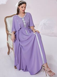 Al Najma Rhinestone Contrast Tape Belted Kaftan - Violet Purple - View 8