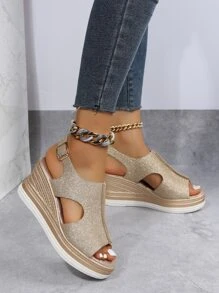Cut Out Glitter Slingback Wedge Sandals - Gold - View 2