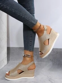 Cut Out Glitter Slingback Wedge Sandals - Gold - View 4