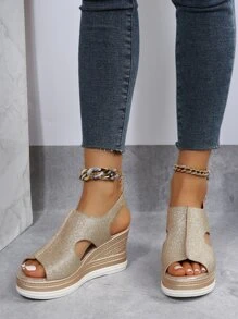 Cut Out Glitter Slingback Wedge Sandals - Gold - View 5
