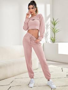 三件套：圆领背心、超短款套头衫和运动裤家居服套装，秋冬服装，舒适休闲装