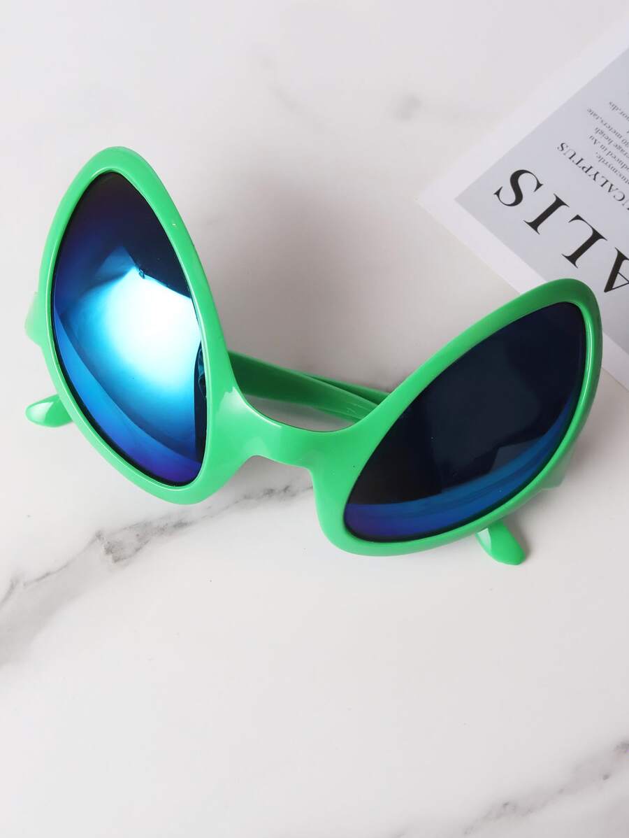 1pair Unisex Alien Shape Fashion Glasses With Green Frame And Mirrored Lens, Cat Eye Style, Suitable For Birthday Party, Dance Party And Other Events Street - Green - View 1