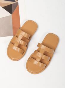 Girls Stitch Detail Slippers - Camel - View 2