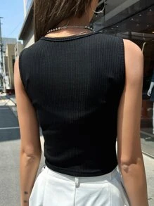 DAZY Rib-knit Zipper Front Tank Top - Black - View 2