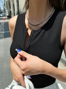 DAZY Rib-knit Zipper Front Tank Top - Black - View 6