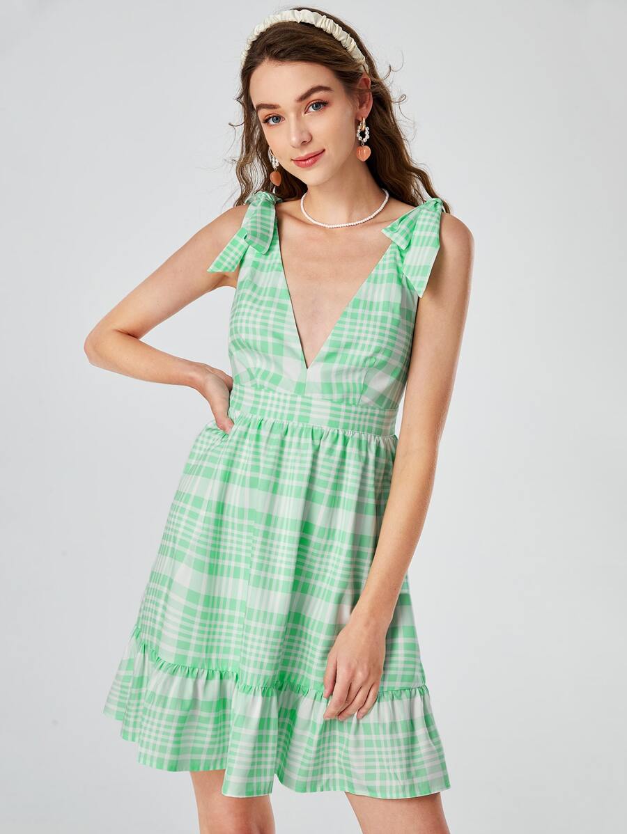 SHEIN MOD Plaid Tie Shoulder Ruffle Hem Dress - Green - View 1