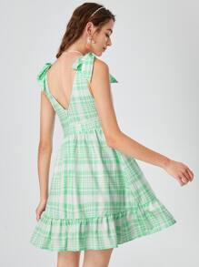 SHEIN MOD Plaid Tie Shoulder Ruffle Hem Dress - Green - View 5