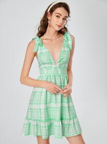SHEIN MOD Plaid Tie Shoulder Ruffle Hem Dress - Green - View 3