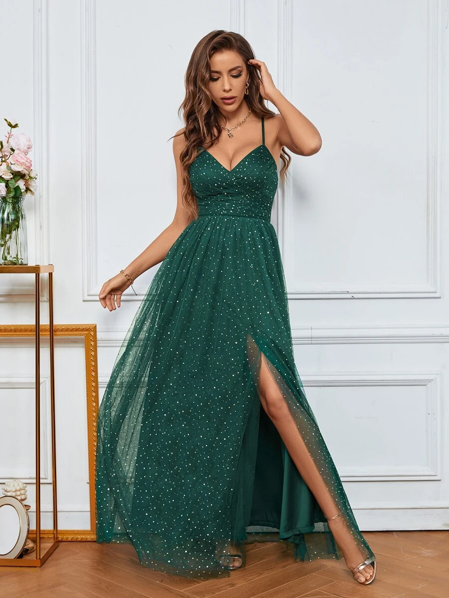 UNITHORSE 系带交叉开叉大腿网眼伴娘礼服优雅正式晚会舞会婚礼宾客礼服，适合毕业典礼、晚宴派对礼服、新娘礼服、生日女士服装、毕业礼服、正式礼服、校服