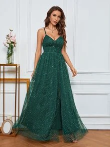 UNITHORSE 系带交叉开叉大腿网眼伴娘礼服优雅正式晚会舞会婚礼宾客礼服，适合毕业典礼、晚宴派对礼服、新娘礼服、生日女士服装、毕业礼服、正式礼服、校服 - 墨綠色 - 查看 6