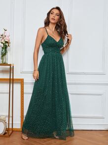 UNITHORSE 系带交叉开叉大腿网眼伴娘礼服优雅正式晚会舞会婚礼宾客礼服，适合毕业典礼、晚宴派对礼服、新娘礼服、生日女士服装、毕业礼服、正式礼服、校服 - 墨綠色 - 查看 7