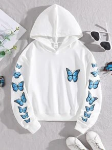 青少女蝴蝶印花下垂肩短版連帽衫 - 白色 - 查看 1