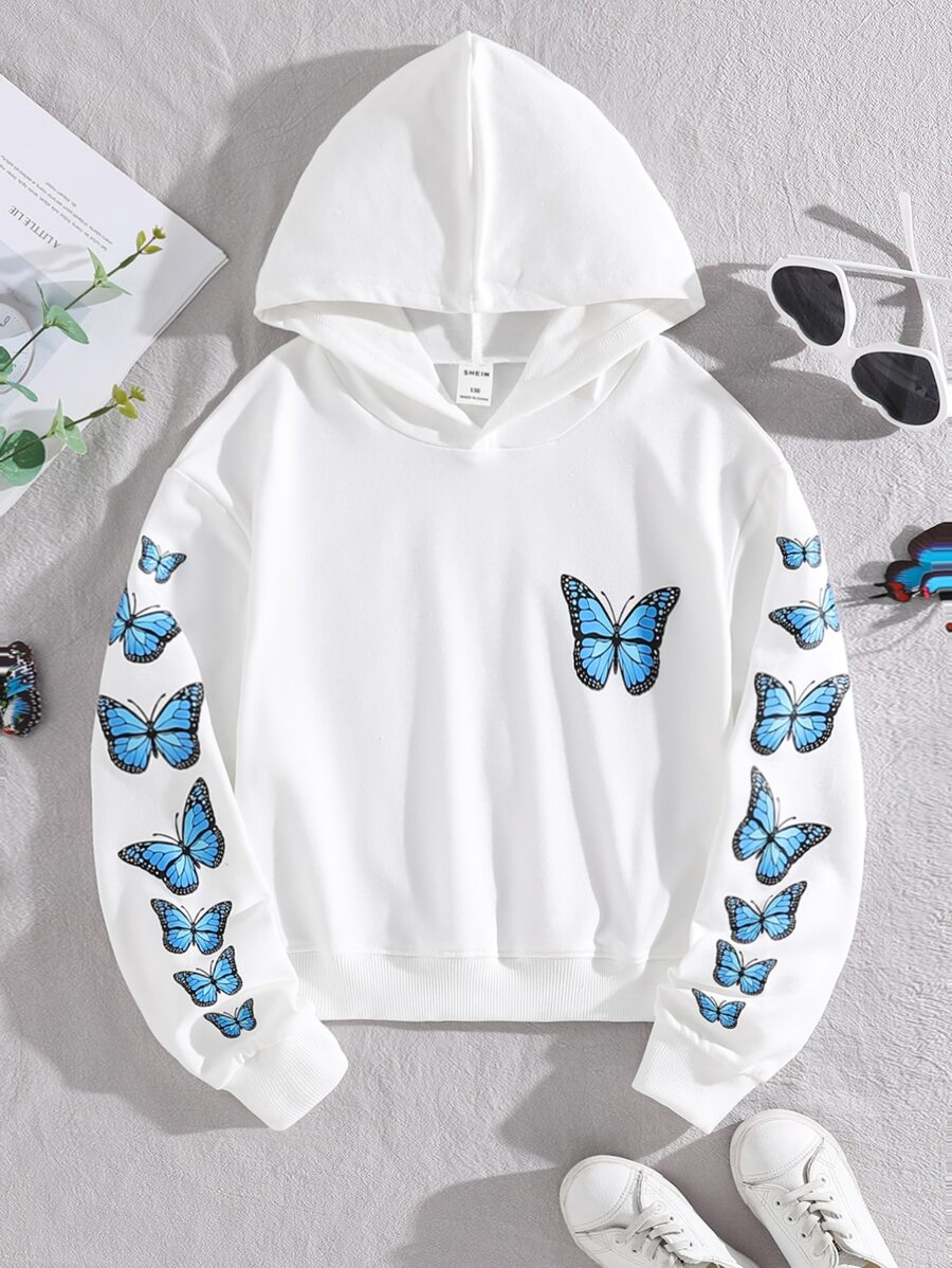 青少女蝴蝶印花下垂肩短版連帽衫 - 白色 - 查看 1