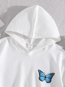 青少女蝴蝶印花下垂肩短版連帽衫 - 白色 - 查看 4