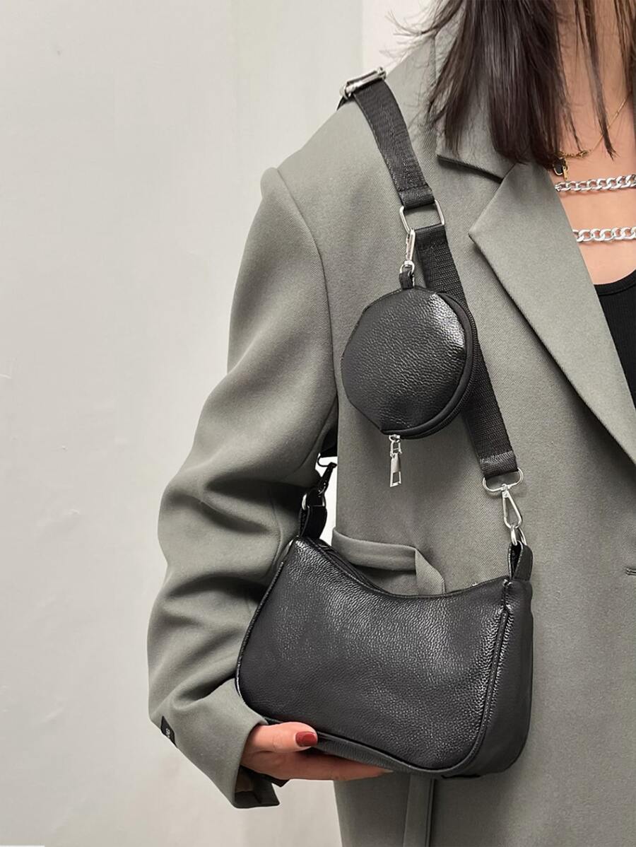 Litchi Embossed Bag With Coin Case - Black - View 1