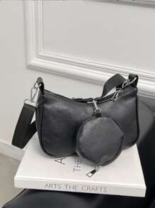 Litchi Embossed Bag With Coin Case - Black - View 3
