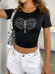 SHEIN Unity Áo thun nữ Pha lê kim cương Lễ Các Thánh Giải trí - màu đen - Xem 5