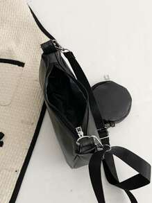 Litchi Embossed Bag With Coin Case - Black - View 5