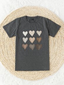 SHEIN LUNE Áo thun Plus size Tim Giải trí - Màu xám đen - Xem 4