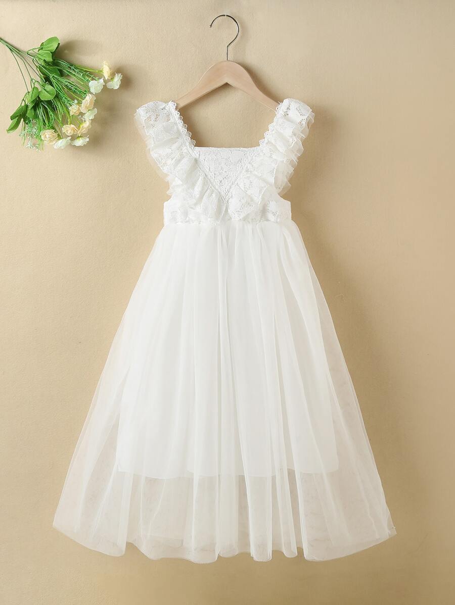 SHEIN Niñas Vestido fruncido ribete con encaje bajo con malla - Blanco - Ver 1