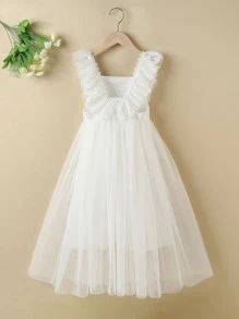 SHEIN Niñas Vestido fruncido ribete con encaje bajo con malla - Blanco - Ver 2