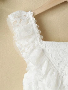 SHEIN Niñas Vestido fruncido ribete con encaje bajo con malla - Blanco - Ver 5