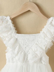 SHEIN Niñas Vestido fruncido ribete con encaje bajo con malla - Blanco - Ver 6