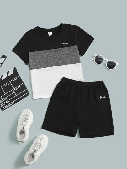 SHEIN Leap Crew Young Boy Colorblock Letter Graphic Tee & Shorts