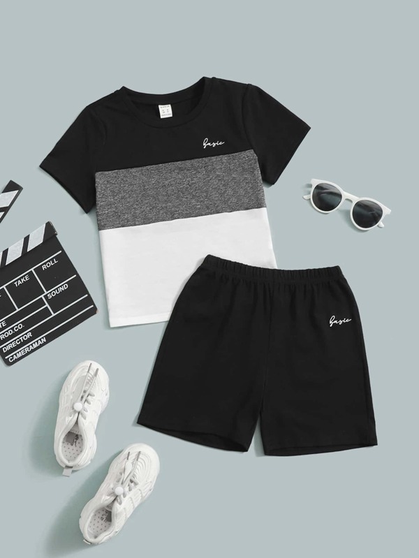 SHEIN Young Boy Colorblock Letter Graphic Tee & Shorts