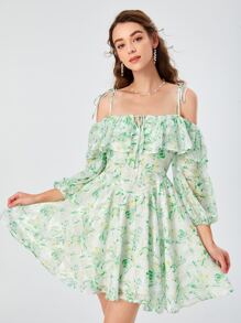 SHEIN MOD Casual Print Cold Shoulder Ruffle Trim Shirred Dress - Multicolor - View 2