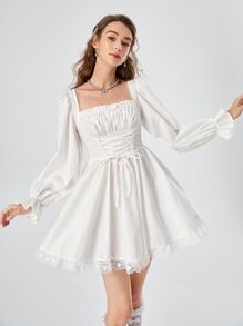 SHEIN MOD Lace Up Flounce Sleeve Ruched Bust Shirred Back Lace Hem Dress - White - View 2