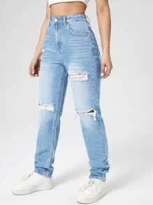 SHEIN EZwear 水洗破洞媽媽牛仔褲