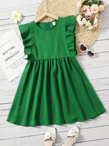 SHEIN 女孩荷葉邊後拉鏈連衣裙 - 綠色 - 查看 1