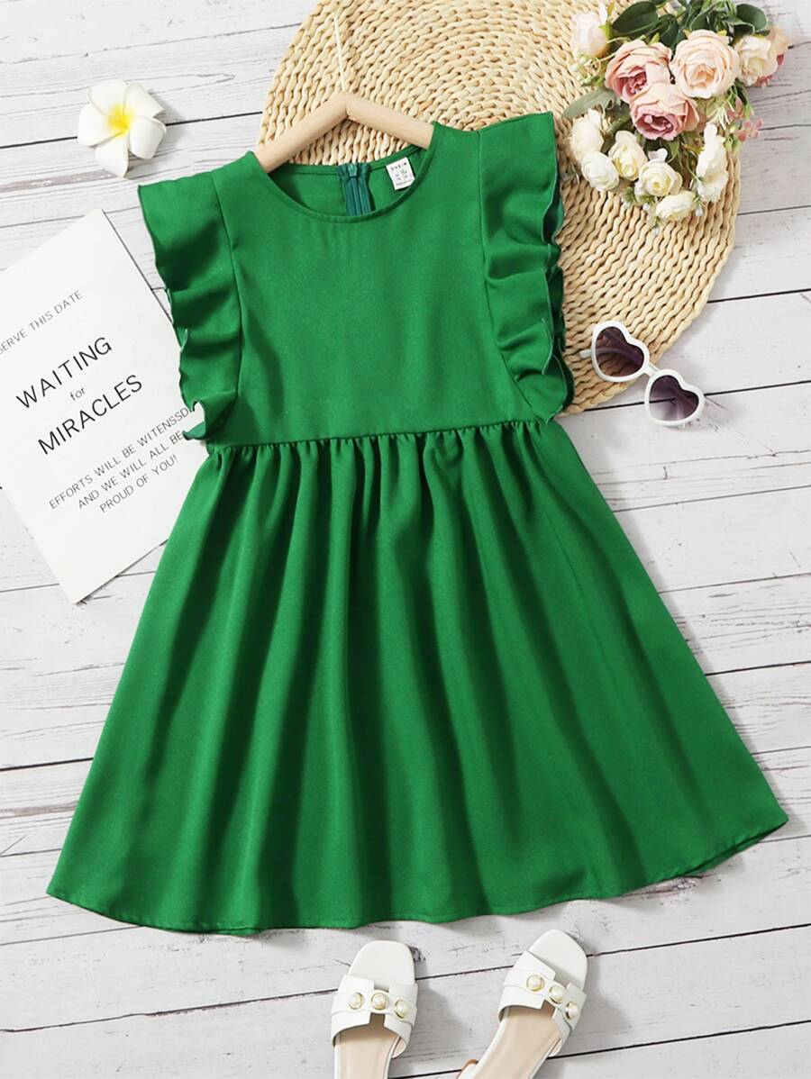 SHEIN 女孩荷葉邊後拉鏈連衣裙 - 綠色 - 查看 1